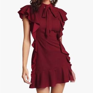 SZ S | Tie Neck Short Sleeve Ruffle Hem Cocktail Party Dress